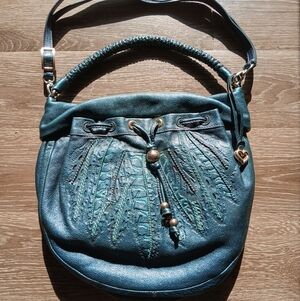 Brighton Teal Embossed Leather Drawstring Shoulder Bag Embroidered Feathers EUC